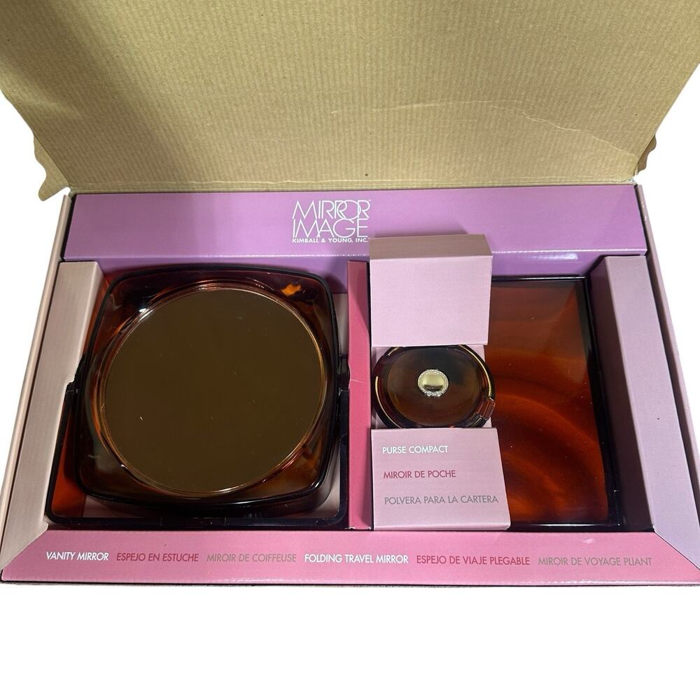 Vtg Kimball & Young Mirror Image Brown Tortoise 3 Pc Mirror Set in Box Vanity